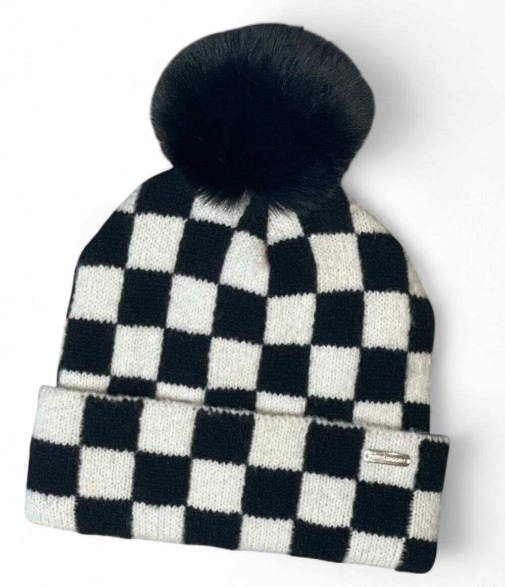 3 FOR $45 SALE | Steve Madden Checkerboard Knit Beanie Faux Fur Pom